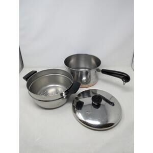 Revere Ware 4 Qt Saucepan Pot w/ Lid & Strainer/Steamer  Stainless & Copper  Vtg